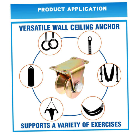 Versatile wall ceiling anchor for exercise equipment, shown with various applications like rings, punching bag, and hammocks.