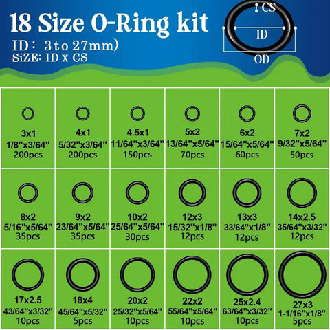 18 Size O-Ring kit chart from 3-In-1 Spigot Repair Washers Kit With Hose Gasket And Faucet O-Rings No More Leaks For Kitchen Faucet Outdoor Hose Bib Water Spigot Seal Repair 1075 Pcs Plumbing Rubber Washers Assortment Set