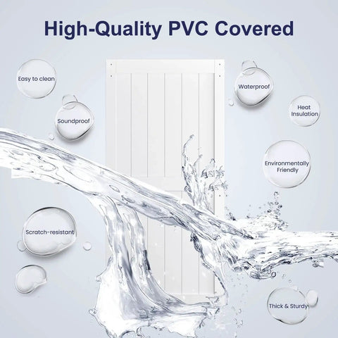 White Primed MDF Sliding Barn Door 40 Inch By 84 Inch With Waterproof PVC Coating Non Bending Construction in promotional image.