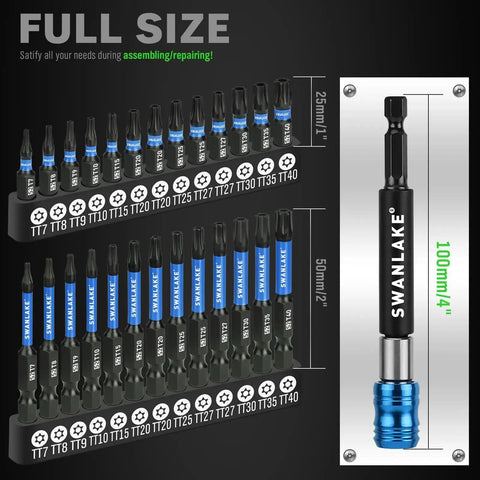 Heavy Duty Impact Torx Bit Set 27-Piece With 1 In And 2 In Tamper Proof Security Bits Magnetic Driver Bits CNC Machined Tips S2 Steel