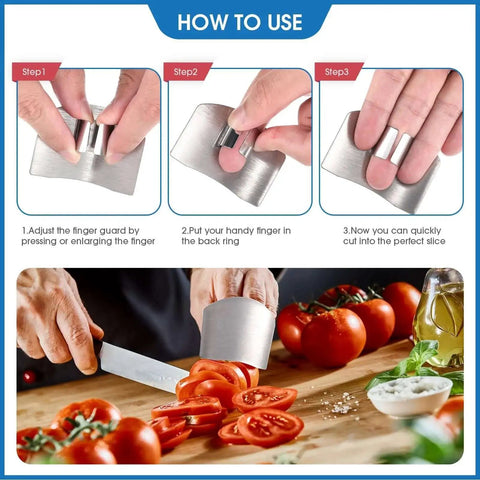 Instructional use of Knife Safety Guard Set For Cutting Raiten 9 Pcs Include 4 Stainless Steel Knife Protectors 2 Thumb Guards 2 Finger Cots And A Potato Butter Lettuce Crinkle Cutter For Smooth Safe Food Prep And No More Slices Scars shown over tomatoes.