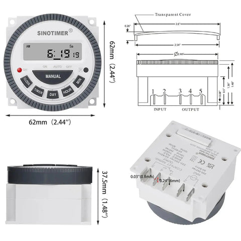 Digital 7 Day Programmable Timer Switch For 220V AC with LED, 62mm size, panel mounted with 18 on/off cycles, 1NO 1NC relay