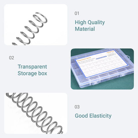 Stainless steel compression spring close-up from 440-piece kit
Transparent plastic storage box for compression springs with 24 sizes
Close-up of stainless steel compression spring coil from the kit