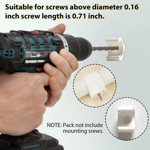 White plastic 1/2 inch PEX pipe clip being installed with a drill; wall mount and clamp shown, with two inset close-ups