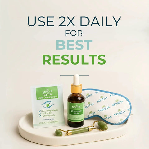Tea Tree Eyelid And Lash Wipes With Hyaluronic Acid For Blepharitis Itchy Eyes alongside serum, eye mask, and roller