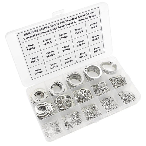 External Retaining Ring Set 380 Piece Assortment 15 Sizes From 4mm To 28mm In 304 Stainless Steel Circlips in plastic box