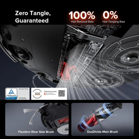 roborock Saros 10R robot vacuum and mop, black; underside with FlexiArm Riser side brush and DuoDivide main brush