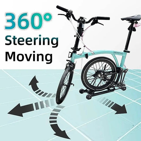Folded teal bicycle on tiled floor demonstrating 360° steering and moving capability with directional arrows.