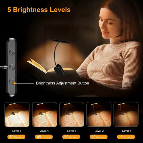 Rechargeable Clip On Book Light With 19 LEDs 3 Color Temps 5 Levels Memory in use, showcasing brightness levels on a book.