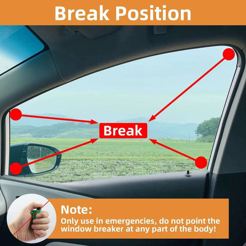 Diagram showing how to use a 16 Piece Car Window Breaker Key Chain Set 3 In 1 Glass Breaker Seat Belt Cutter And Survival Whistle Portable Tool on a car window.