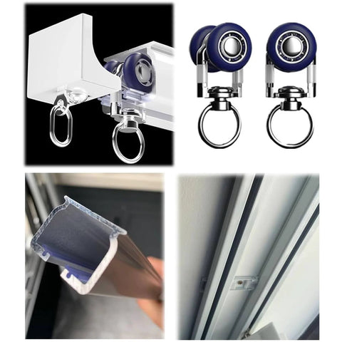 Heavy Duty Ceiling Curtain Track System With Aluminum Alloy Sliding Rails For Room Divider And Space Separation Wall And Ceiling Mounted With Silent Pulley Black Finish For Heavy Curtains, showcasing aluminum profile and pulley details.