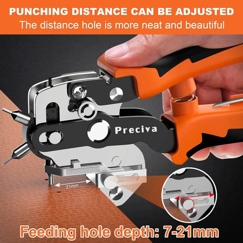 Pro Grade Hole Punch Plier Kit With Revolving Punch Heads And V-Shaped Cutting Edge shown in use, close-up on orange handle