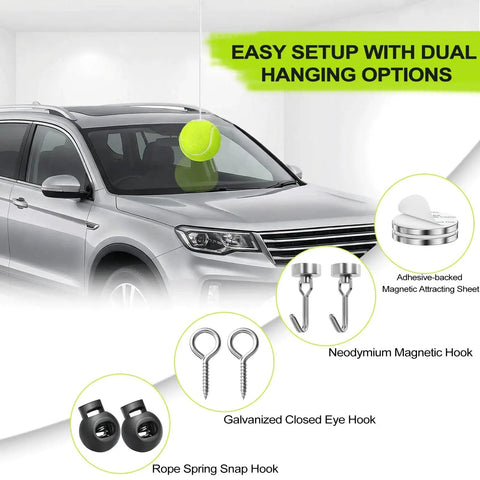 Dnairtly garage parking aid by Amazon; front view showing ceiling tennis-ball parking guide with neodymium magnetic hooks.