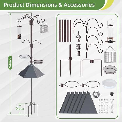 94 Inch Garden Bird Feeding Station Kit With Heavy Duty Metal Squirrel Baffle Seed Tray And Mesh Basket parts layout