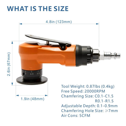 Two In One Pneumatic Chamfering And Arc Corner Rounding Tool For Metal With 45 Degree Beveling And Deburring Insertion Set Dual Inserts shown with dimensions.