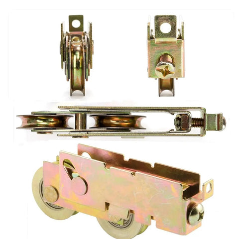 2 Pack Sliding Door Rollers For 1-1/4 Inch Tandem Steel Ball Wheel Assembly Replacement, side and close-up views, metal design