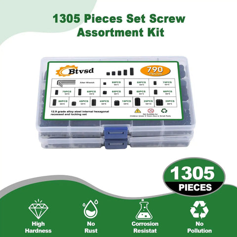 1305-Piece Set Screw Kit With 26 Sizes, Metric M3 To M8 And SAE 1/8-40 To 5/16-18 Internal Hex Headless Allen Screws in case