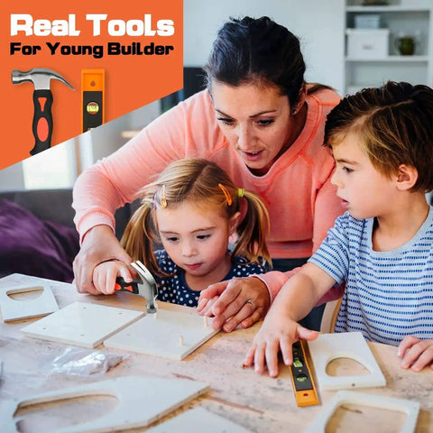 Child using 18 Piece Kid Friendly Tool Set With Reinforced Belt And Adjustable Waist 20 To 32 Inches Real Hand Tools Kit