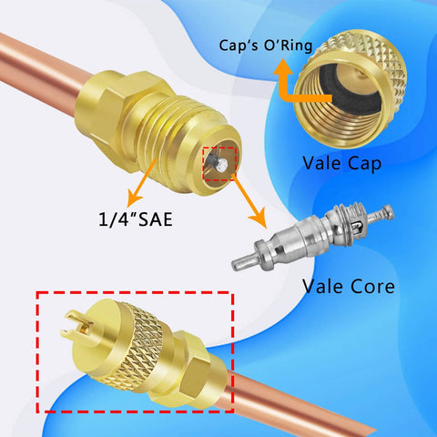 Front view of brass Schrader service valve core with 1/4'' SAE fitting, cap, and O-ring on copper line
