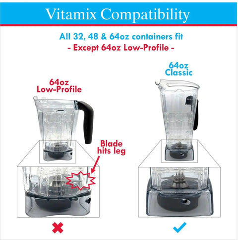 Blend Blaster Blender Attachment; Vitamix compatibility chart shows 64oz Classic fits, 64oz Low-Profile does not.