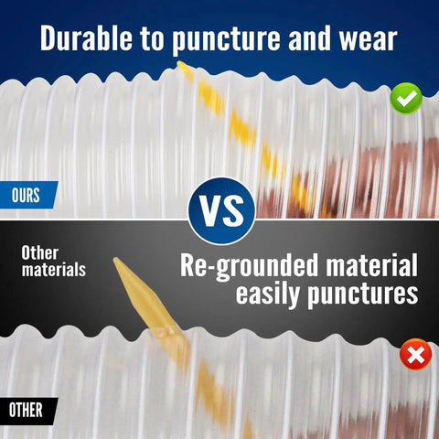 Illustration of Heavy PVC 4 Inch By 50 Foot Clear Dust Collection Hose vs. re-ground material with emphasis on durability.