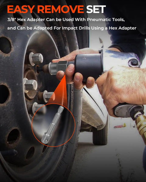Using the 18 Piece Bolt Extractor Kit With Three Eighths Inch Drive to remove a damaged wheel nut from a car tire.
