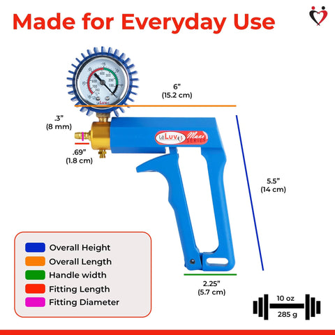 LeLuv Maxi manual vacuum pump, blue handheld unit with gauge, nylon handle and brass fittings