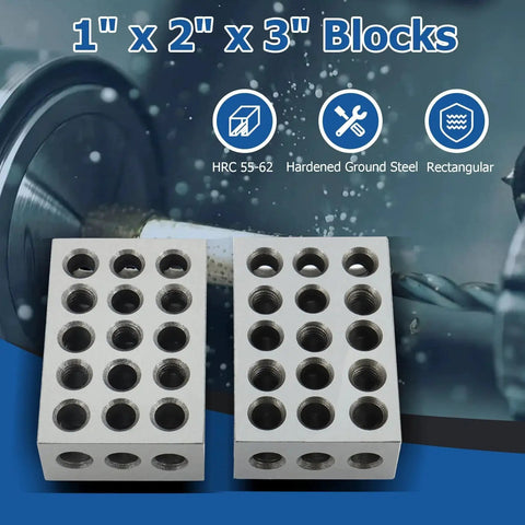 Machinist Grade 1 2 3 Block Set With Matched Pair 1 by 2 by 3 Inches, 23 Holes Including Five Tapped Three Eighths Inch and Eighteen Untapped