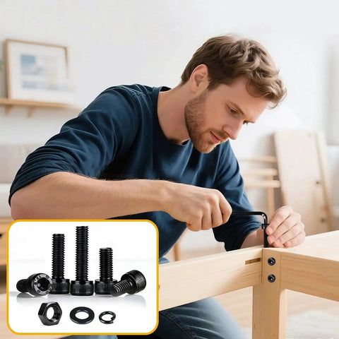 Man assembling furniture with 260 Piece M5 Screw Kit With Bolts Nuts Washers And Hardware Set, hex socket head screws displayed.