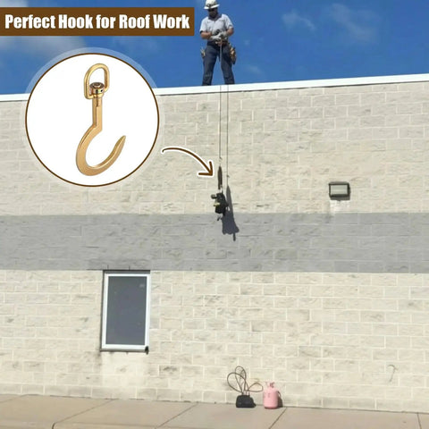 Swivel Anchor Hook For HVAC Roof Work, 750 Lb Heavy Duty Forged Steel Rope Hook For Commercial Use, shown in use on a rooftop