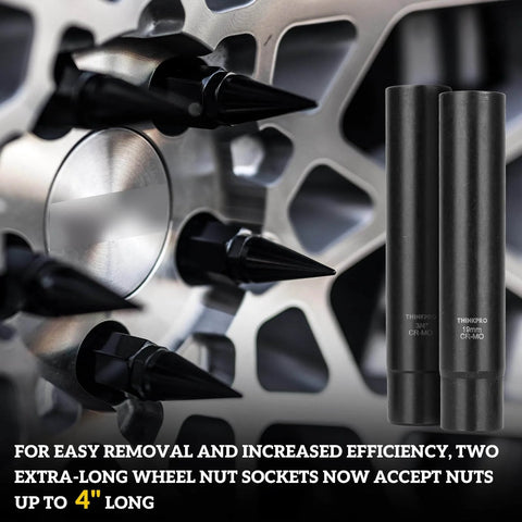 10 Piece Wheel Lock Removal Kit With Spline And Hex Master Keys Remove Rusted Or Stripped Lug Nuts On Aftermarket Wheels CrMo Steel Construction Anti Theft Lock Nut Removal For Jeep Ford Toyota Honda shown with two extra-long sockets and wheel close-up.