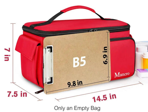 Large Capacity Medical Travel Bag With 12 Pockets And Pill Bottle Organizer, red, dimensions, for home and emergency use