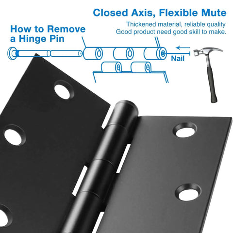 Diagram showing Matte Black 3.5 Inch Door Hinges Set components and nail with instructions on hinge pin removal.