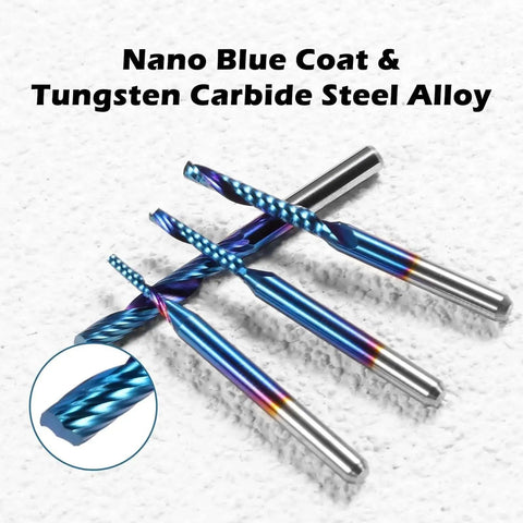 Ten Piece One Eighth Inch Shank Carbide Spiral O Flute End Mills Set For CNC Router Bits Nano Blue Coat Genmitsu OS10A