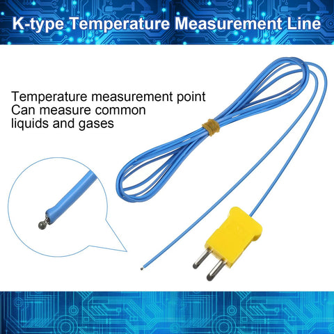 K-type thermocouple temperature sensor probe with a 2 m blue cable and yellow mini-connector plug.