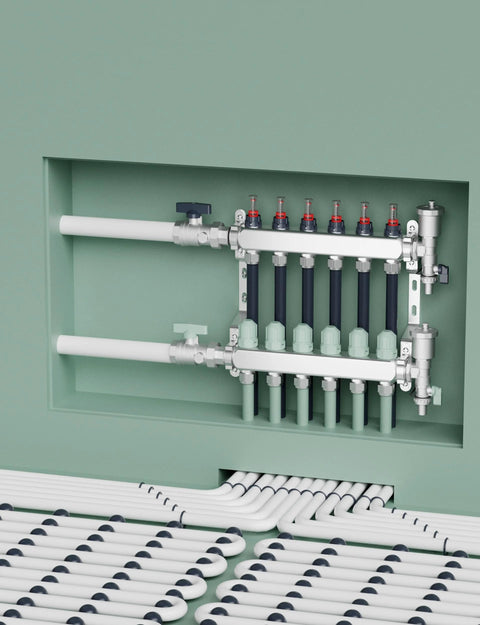 Six-loop steel radiant floor heating manifold with flow meters and 1/2-inch compression fittings, wall-mounted.