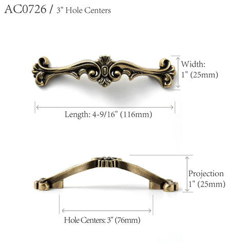 Antique Brass Traditional Cabinet Pulls Six Pack With Three Inch Hole Centers Classic Ornate Cast Handles for Drawers shown.