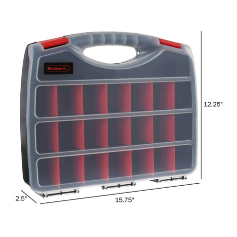 Front view of 23 Compartment Small Parts Organizer Box With Removable Dividers And Secure Latches For Nuts Bolts Screws Beads Jewelry Tackle And More Grab And Go Portable Plastic Storage Case with dimensions labeled 15.75 x 12.25 x 2.5 inches