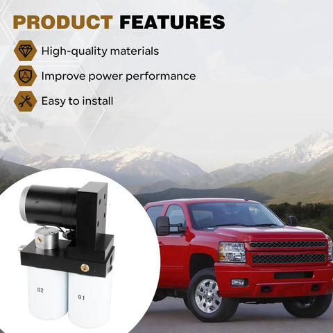 Diesel Fuel Lift Pump System 165 GPH Heavy Duty For Chevy Silverado And GMC Sierra 6.6L Duramax V8 Engines 2001 To 2010 Replacement Upgrade For TC10150G TC10165G FASTC10150G TSC10165G, shown alongside a red Chevy Silverado with mountain backdrop, highlighting product features.