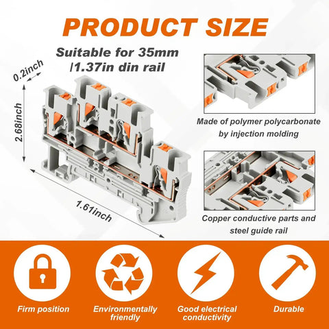 DIN Rail Terminal Block Kit With Screwless Push In Twin Spring Connectors ST2-2.5/2-2 dimensions and material details