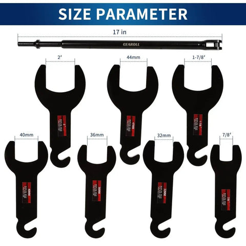 Pneumatic Fan Clutch Wrench Kit, 8 Piece Driving Wrenches Set With Sizes 32mm 36mm 40mm 47mm Seven Eighths Inch One And Seven Eighths Inch Two Inches 17 Inch Handle Compatible With Ford GM Chrysler Jeep Trucks 4.3L 5.0L 5.7L showing layout and sizes of wrenches.
