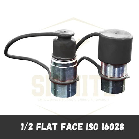 Two black 1/2 in ISO 16028 flat-face hydraulic quick-disconnects with metal bodies and protective dust caps