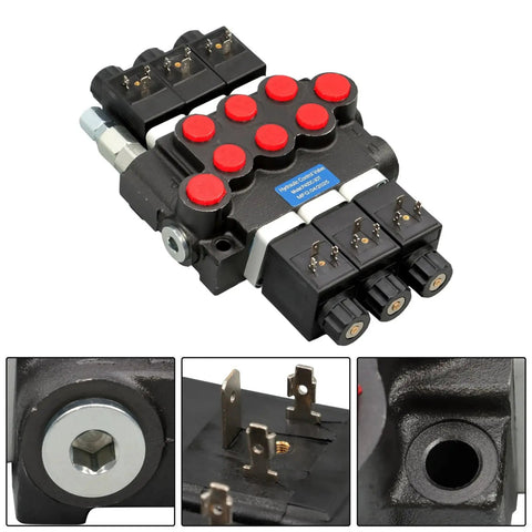 Heavy Duty 3-Spool Hydraulic Control Valve Solenoid 12V DC with 13 GPM Flow at 3600 PSI, double acting ports, close-up details.