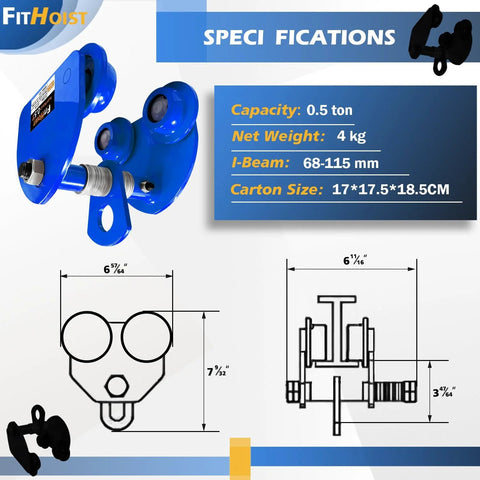 Half Ton Steel Push Beam Trolley for I-Beam, 1100 Lbs Capacity, Adjustable Flange Width, product dimensions, and specifications.