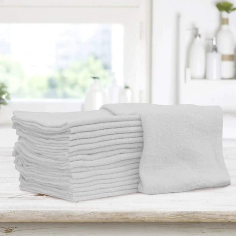 Pack Of 50 Reusable Cotton Rags For Home Garage And Car Detailing Durable Soft 13 By 13 Inch White Towels That Wash Easy And All Purpose Cleaning Cloths For Workbench Kitchen Automotive And Workshop Use stacked on table