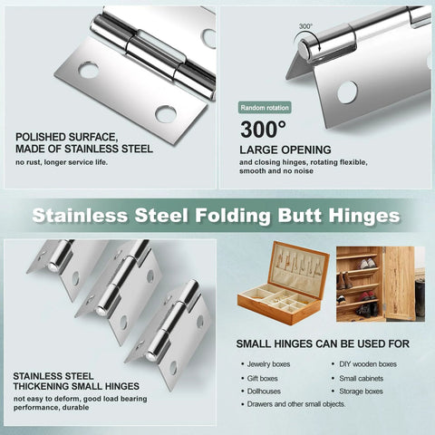 Stainless steel folding butt hinges, 1-inch mini hinges with screws, 14 sets, silver for wooden boxes