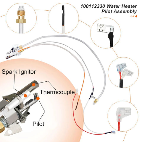 Water heater pilot assembly with thermocouple and spark igniter, white cables and metal fittings for Whirlpool series.