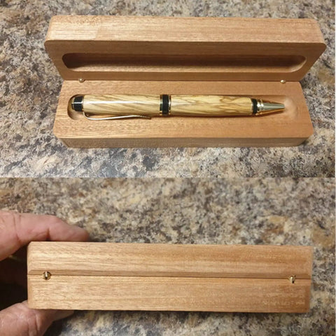Wooden case with a pen showcasing mini brass barrel hinges hidden concealed for keepsake boxes and small cabinets, top view.