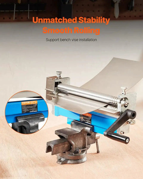 Beefy Slip Roll Metal Forming Machine 12.6 Inch with Detachable Rollers 20 Gauge Capacity installed on bench vise.