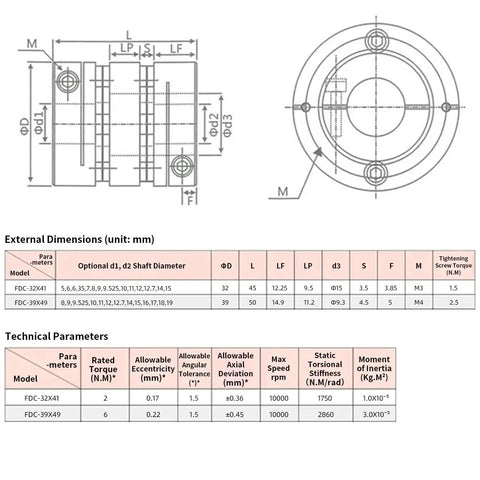 Technical diagram of Flexible Diaphragm Coupling 11Mm To 15Mm Bore D39 L49 Aluminum Two Diaphragm Motor Shaft Coupler with dimensions